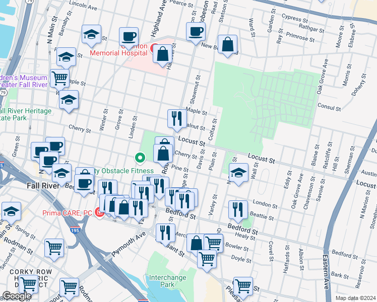 map of restaurants, bars, coffee shops, grocery stores, and more near 246 Davis Street in Fall River