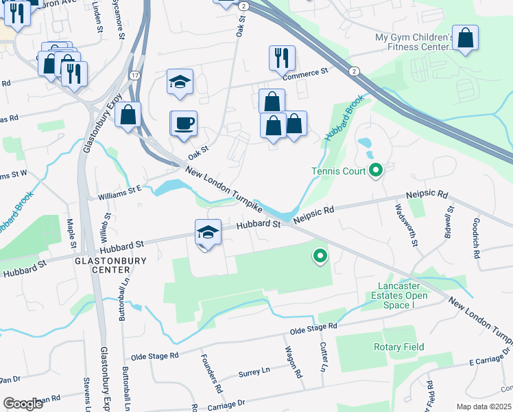 map of restaurants, bars, coffee shops, grocery stores, and more near 371 Hubbard Street in Glastonbury