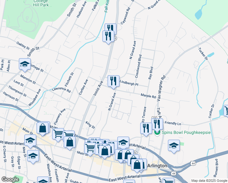 map of restaurants, bars, coffee shops, grocery stores, and more near 83 North Grand Avenue in Arlington
