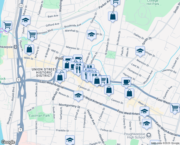 map of restaurants, bars, coffee shops, grocery stores, and more near 8 Crannell Street in Poughkeepsie