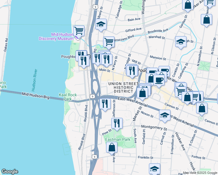 map of restaurants, bars, coffee shops, grocery stores, and more near 135 Union Street in Poughkeepsie