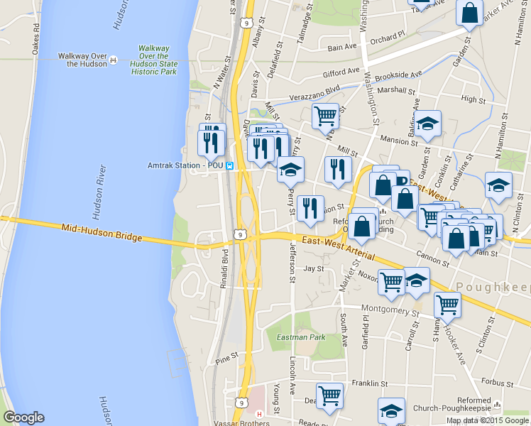 map of restaurants, bars, coffee shops, grocery stores, and more near 135 Union Street in Poughkeepsie
