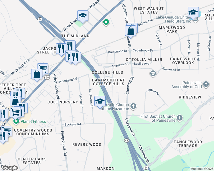 map of restaurants, bars, coffee shops, grocery stores, and more near 23 Angela Court in Painesville