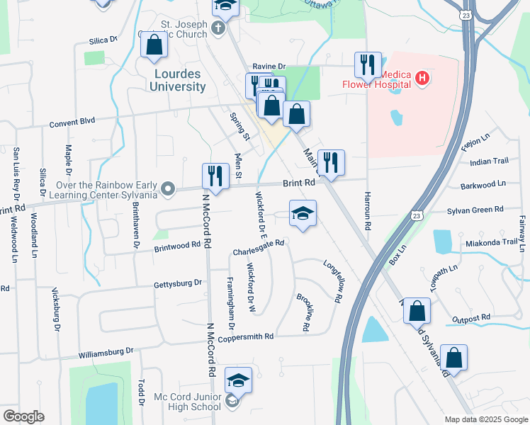 map of restaurants, bars, coffee shops, grocery stores, and more near 4830 Wickford Drive East in Sylvania