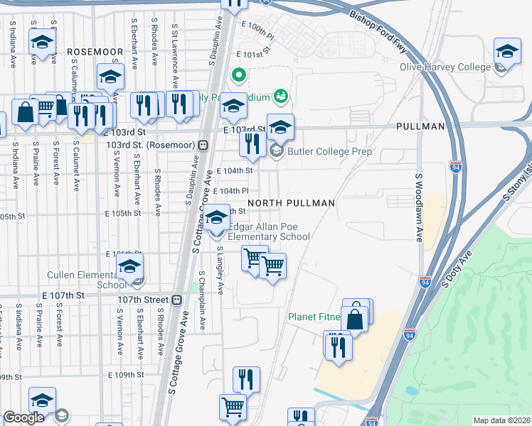 map of restaurants, bars, coffee shops, grocery stores, and more near 10524 South Maryland Avenue in Chicago
