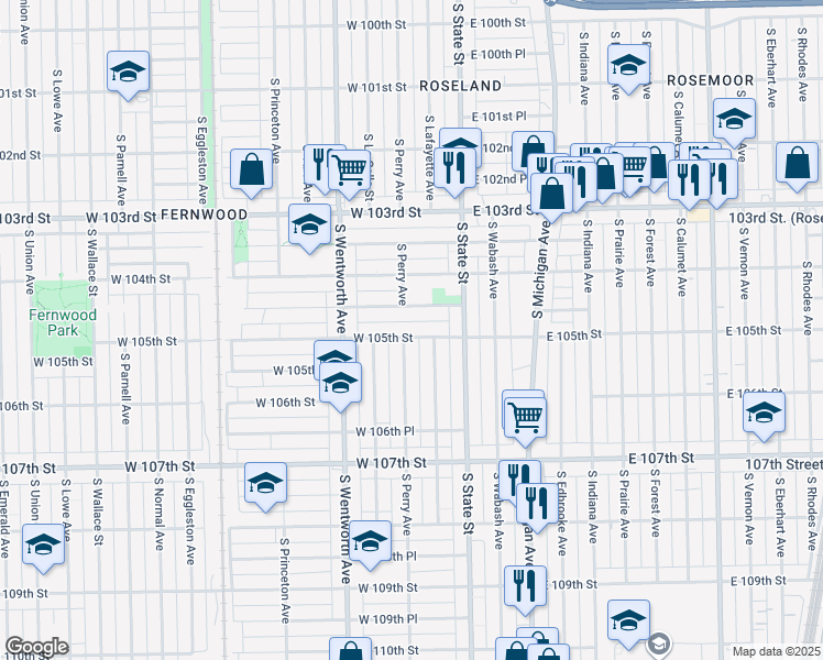 map of restaurants, bars, coffee shops, grocery stores, and more near 10515 South Perry Avenue in Chicago