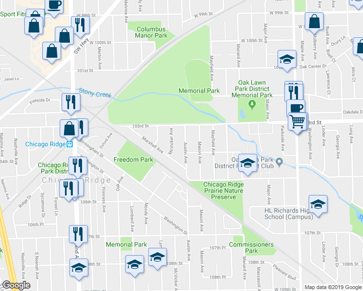 map of restaurants, bars, coffee shops, grocery stores, and more near 10401 Austin Avenue in Oak Lawn