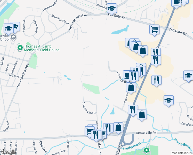 map of restaurants, bars, coffee shops, grocery stores, and more near 2 Downing Lane in Warwick