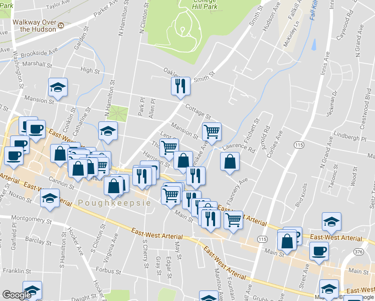map of restaurants, bars, coffee shops, grocery stores, and more near 62 Lent Street in Poughkeepsie
