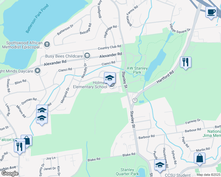 map of restaurants, bars, coffee shops, grocery stores, and more near 2150 Stanley Street in New Britain