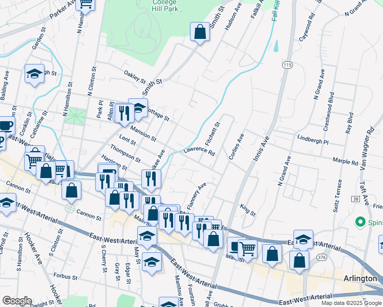 map of restaurants, bars, coffee shops, grocery stores, and more near 372 Mansion Street in Poughkeepsie
