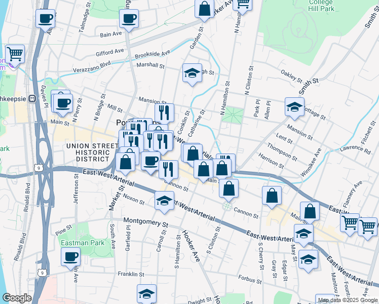 map of restaurants, bars, coffee shops, grocery stores, and more near 35 Catharine Street in Poughkeepsie