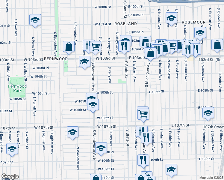 map of restaurants, bars, coffee shops, grocery stores, and more near 10515 South Perry Avenue in Chicago
