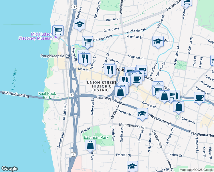 map of restaurants, bars, coffee shops, grocery stores, and more near 15 South Bridge Street in Poughkeepsie