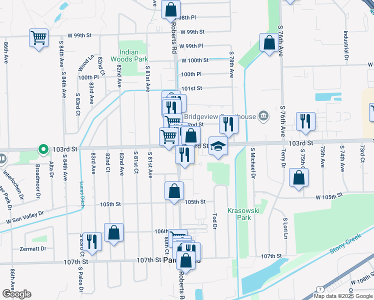 map of restaurants, bars, coffee shops, grocery stores, and more near 10303 South Roberts Road in Palos Hills