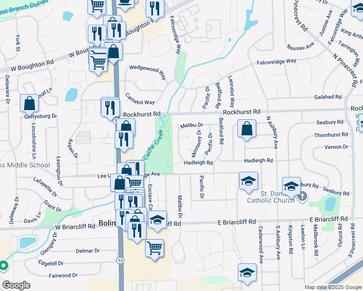 map of restaurants, bars, coffee shops, grocery stores, and more near 210 Malibu Drive in Bolingbrook