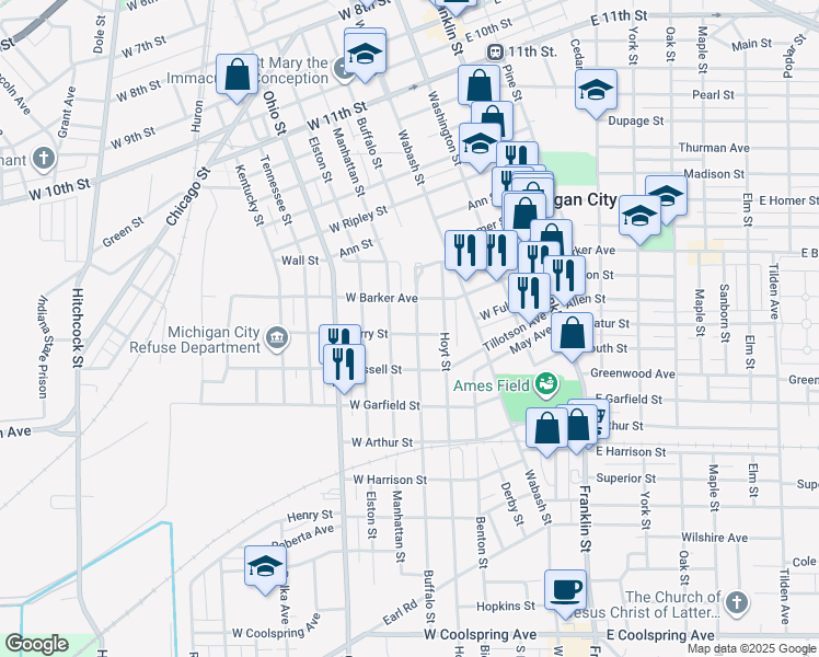map of restaurants, bars, coffee shops, grocery stores, and more near 502 West Barker Avenue in Michigan City