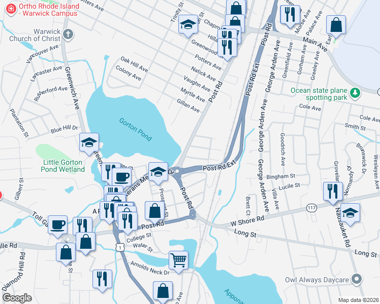 map of restaurants, bars, coffee shops, grocery stores, and more near 2945 Post Road in Warwick