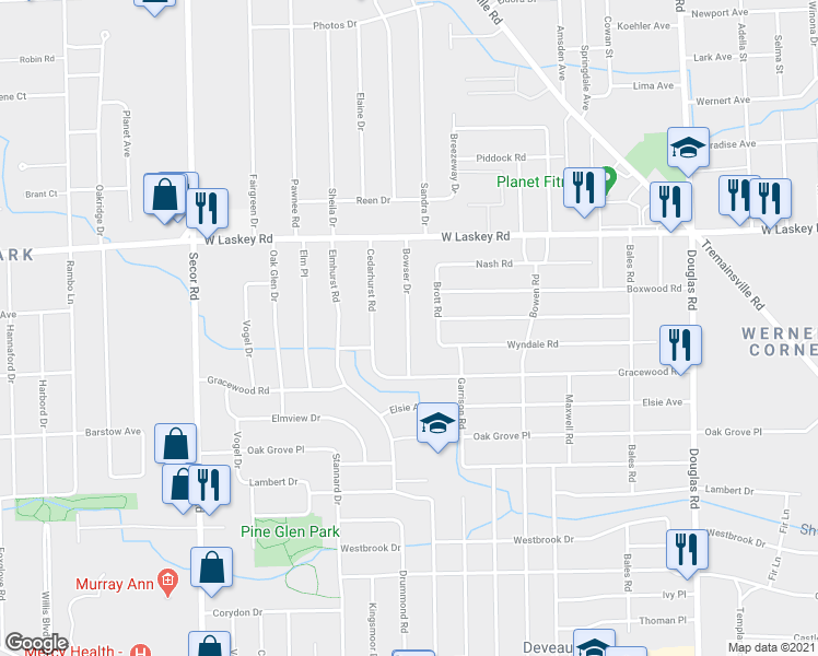 map of restaurants, bars, coffee shops, grocery stores, and more near 4823 Bowser Drive in Toledo