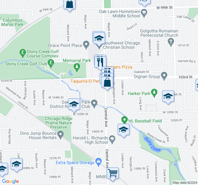 map of restaurants, bars, coffee shops, grocery stores, and more near 10337 Parkside Avenue in Oak Lawn