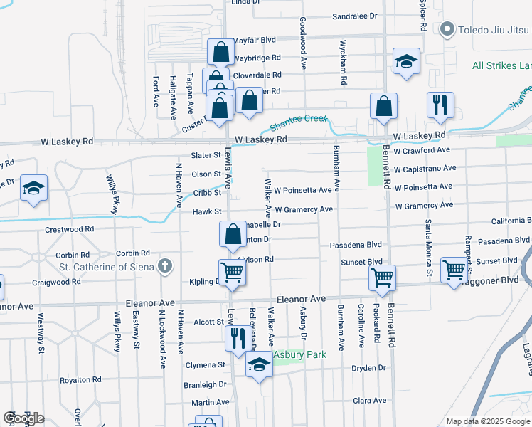 map of restaurants, bars, coffee shops, grocery stores, and more near 901 West Gramercy Avenue in Toledo