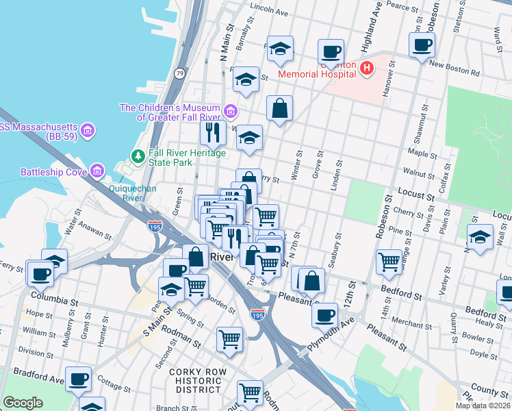 map of restaurants, bars, coffee shops, grocery stores, and more near 203 Rock Street in Fall River
