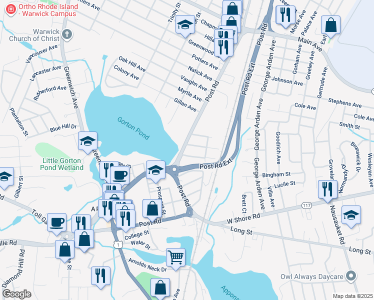 map of restaurants, bars, coffee shops, grocery stores, and more near 2945 Post Road in Warwick