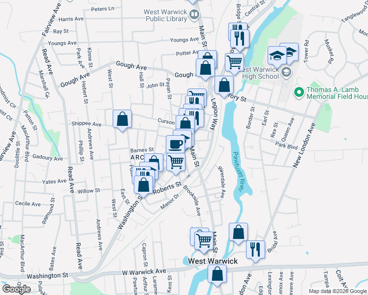 map of restaurants, bars, coffee shops, grocery stores, and more near 1227 Main Street in West Warwick
