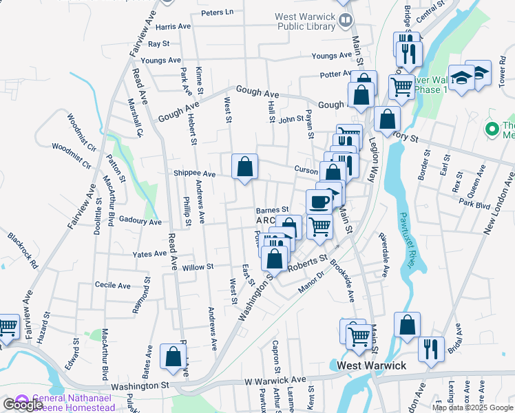 map of restaurants, bars, coffee shops, grocery stores, and more near 22 Rita Street in West Warwick