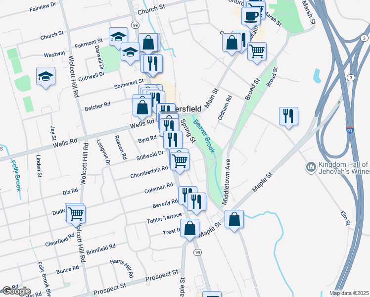 map of restaurants, bars, coffee shops, grocery stores, and more near 40 Spring Street in Wethersfield