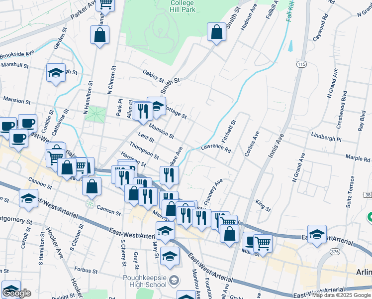 map of restaurants, bars, coffee shops, grocery stores, and more near in Poughkeepsie