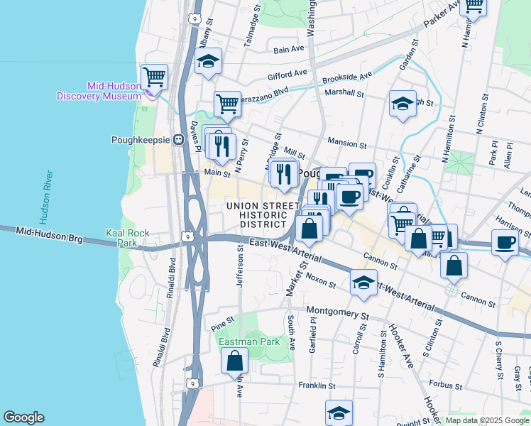 map of restaurants, bars, coffee shops, grocery stores, and more near 15 South Bridge Street in Poughkeepsie