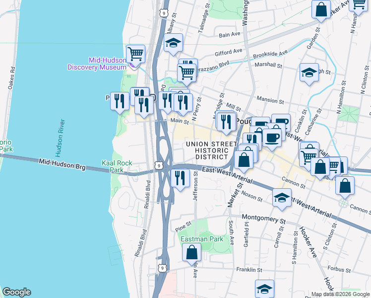 map of restaurants, bars, coffee shops, grocery stores, and more near 33 South Clover Street in Poughkeepsie