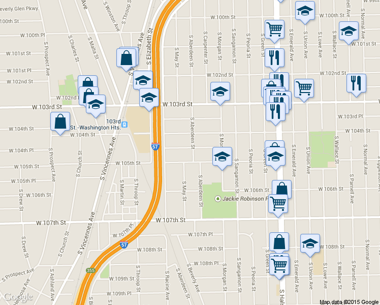 map of restaurants, bars, coffee shops, grocery stores, and more near 1118 West 104th Place in Chicago