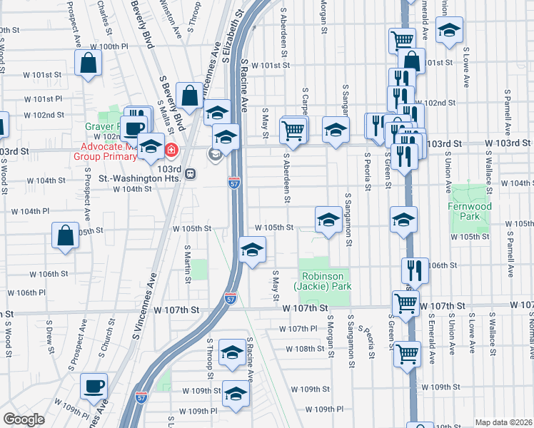 map of restaurants, bars, coffee shops, grocery stores, and more near 1118 West 104th Place in Chicago