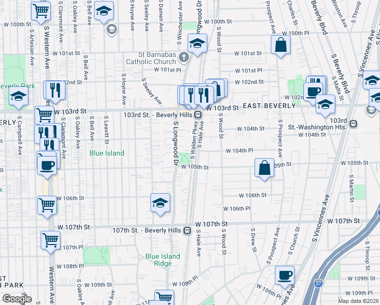 map of restaurants, bars, coffee shops, grocery stores, and more near 10333 South Walden Parkway in Chicago