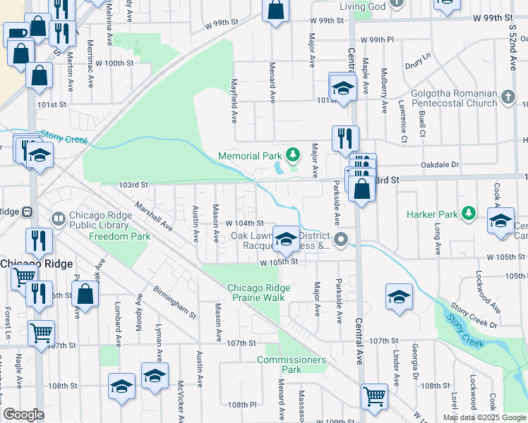 map of restaurants, bars, coffee shops, grocery stores, and more near 10308 Menard Avenue in Oak Lawn