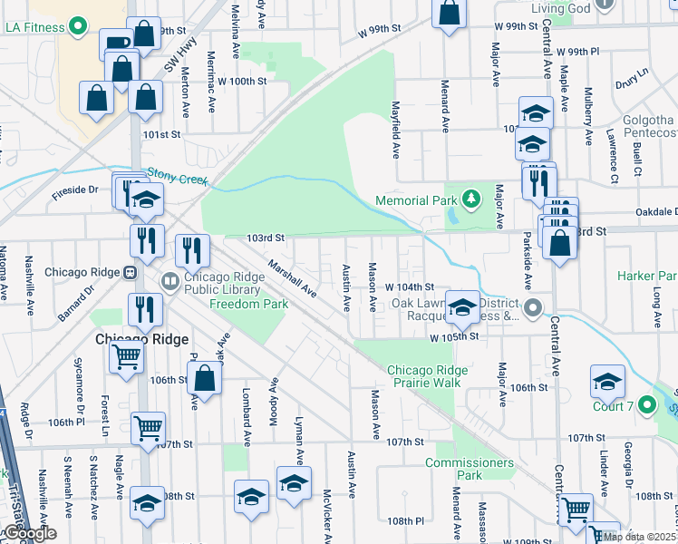 map of restaurants, bars, coffee shops, grocery stores, and more near 10311 Austin Avenue in Oak Lawn