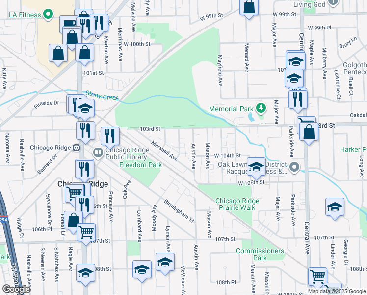 map of restaurants, bars, coffee shops, grocery stores, and more near 10306 McVicker Avenue in Chicago Ridge
