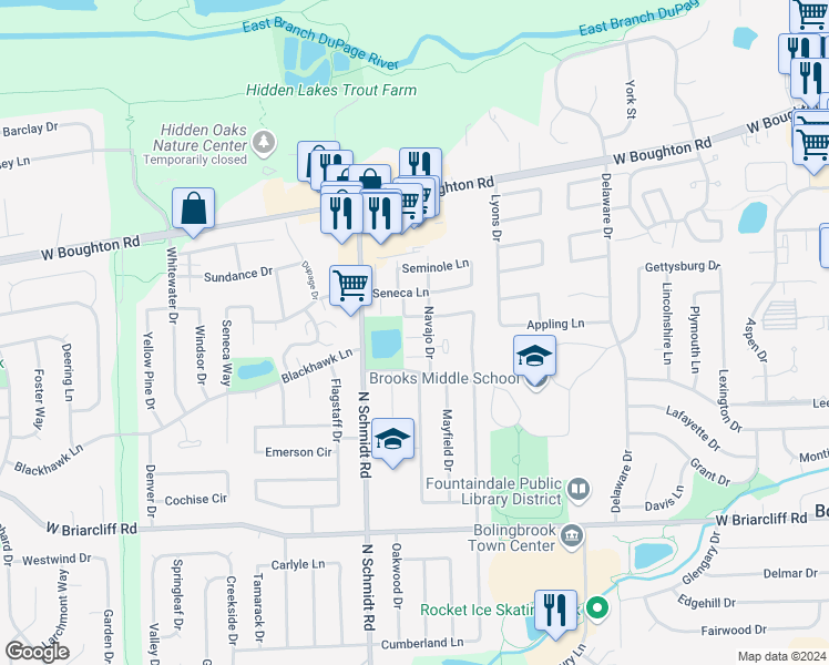 map of restaurants, bars, coffee shops, grocery stores, and more near 274 Sioux Drive in Bolingbrook