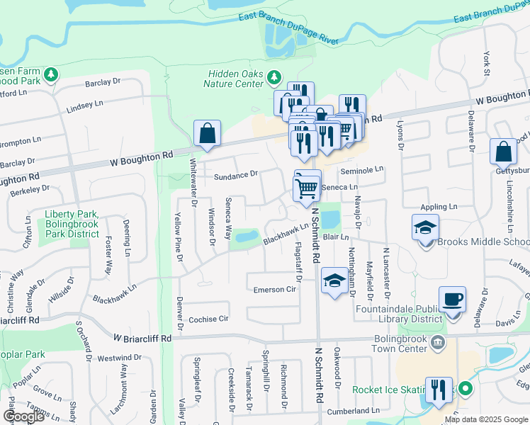 map of restaurants, bars, coffee shops, grocery stores, and more near 252 Pueblo Drive in Bolingbrook