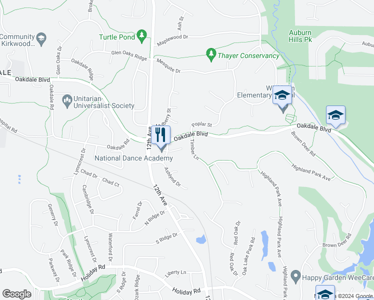 map of restaurants, bars, coffee shops, grocery stores, and more near 2115-2121 Timber Lane in Coralville