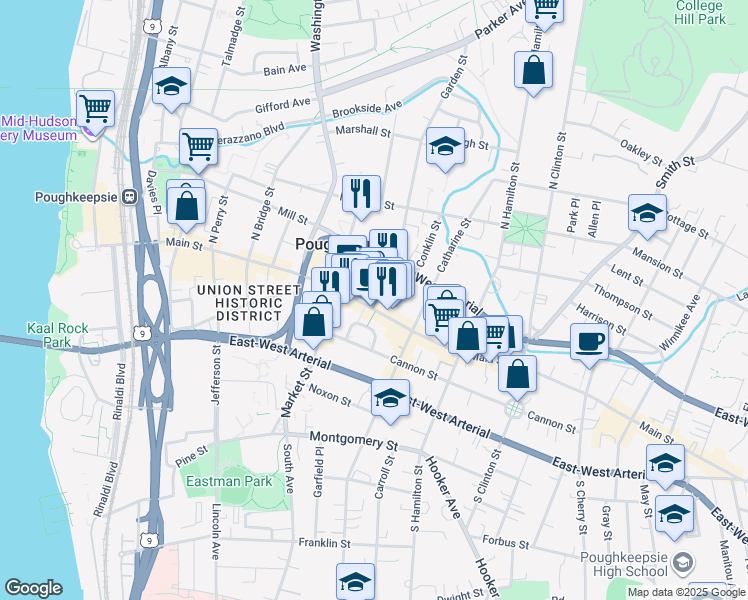 map of restaurants, bars, coffee shops, grocery stores, and more near 289 Main Street in Poughkeepsie