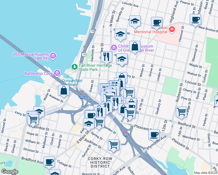 map of restaurants, bars, coffee shops, grocery stores, and more near 186 North Main Street in Fall River