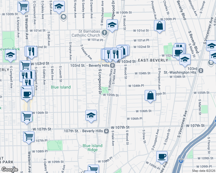 map of restaurants, bars, coffee shops, grocery stores, and more near 10333 South Walden Parkway in Chicago