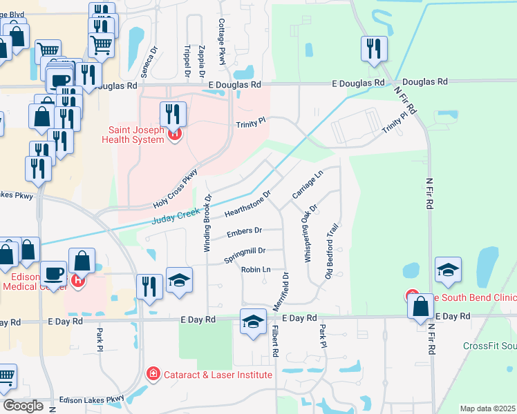 map of restaurants, bars, coffee shops, grocery stores, and more near 15620 Hearthstone Drive in Mishawaka