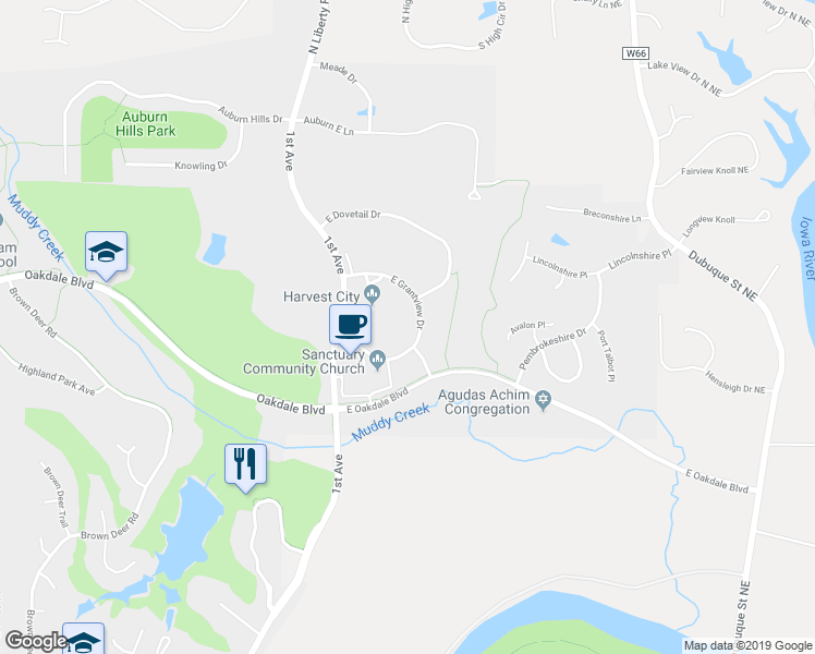map of restaurants, bars, coffee shops, grocery stores, and more near 2244 East Grantview Drive in Coralville