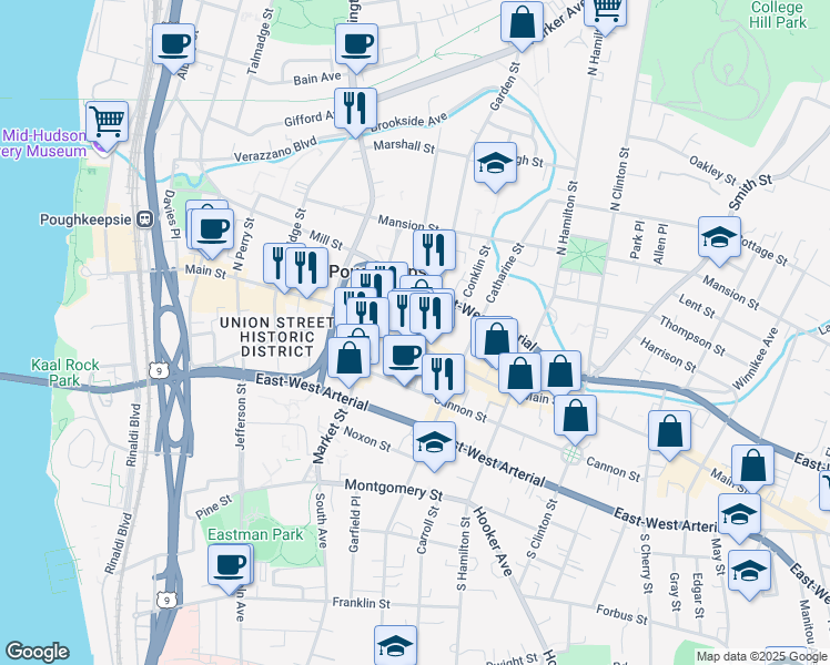 map of restaurants, bars, coffee shops, grocery stores, and more near 41 Civic Center Plaza in Poughkeepsie