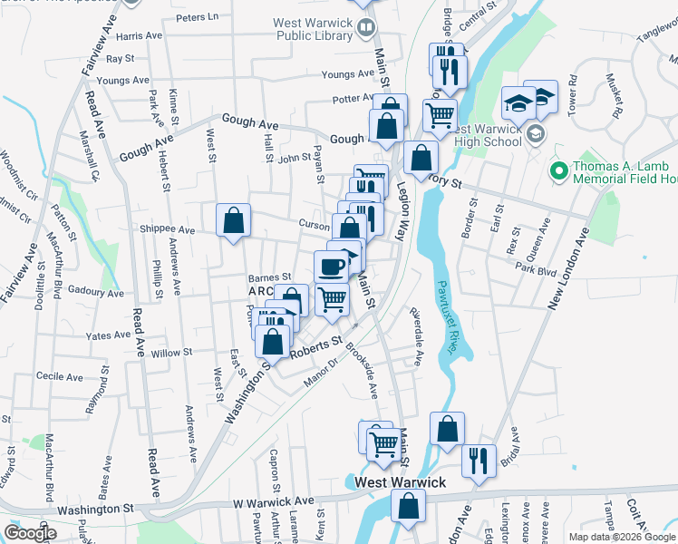 map of restaurants, bars, coffee shops, grocery stores, and more near 1227 Main Street in West Warwick