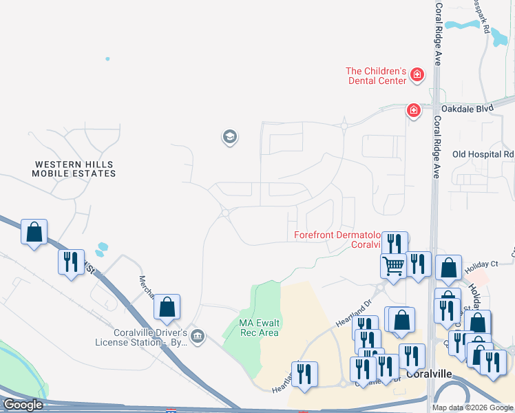 map of restaurants, bars, coffee shops, grocery stores, and more near Jones Boulevard in Coralville